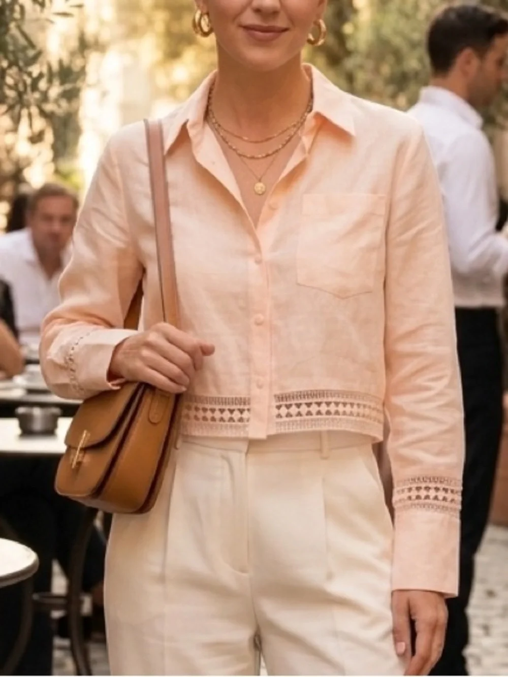 New Elie Tahari Light Pink Cropped Button-Front Shirt with Lace Trim